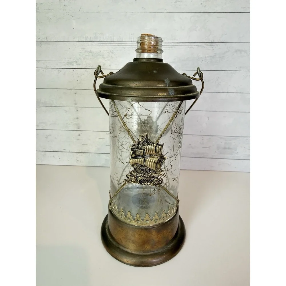 Vintage Musical Liquor Bottle Decanter Sailing Ship Brass 9.5